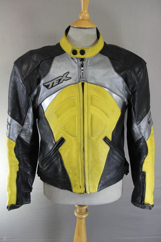 TEXPORT BLACK, YELLOW & SILVER LEATHER BIKER JACKET + ARMOUR/THERMAL LINING 42IN