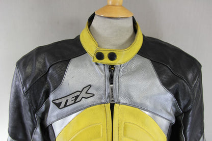 TEXPORT BLACK, YELLOW & SILVER LEATHER BIKER JACKET + ARMOUR/THERMAL LINING 42IN