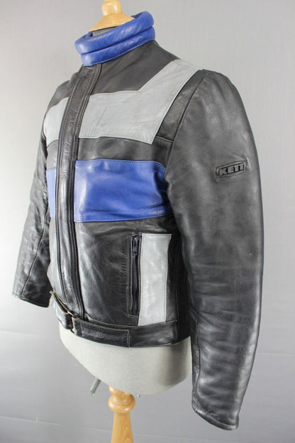 AMAZING BLACK, BLUE & GREY KETT COWHIDE LEATHER BIKER JACKET 36 INCH