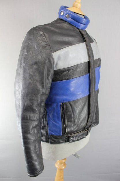 AMAZING BLACK, BLUE & GREY KETT COWHIDE LEATHER BIKER JACKET 36 INCH
