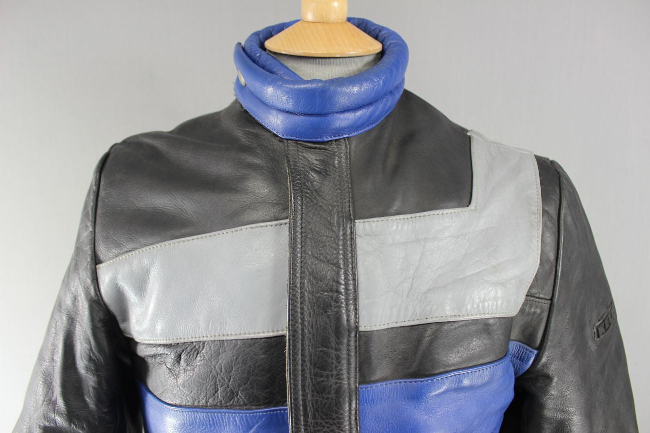 AMAZING BLACK, BLUE & GREY KETT COWHIDE LEATHER BIKER JACKET 36 INCH