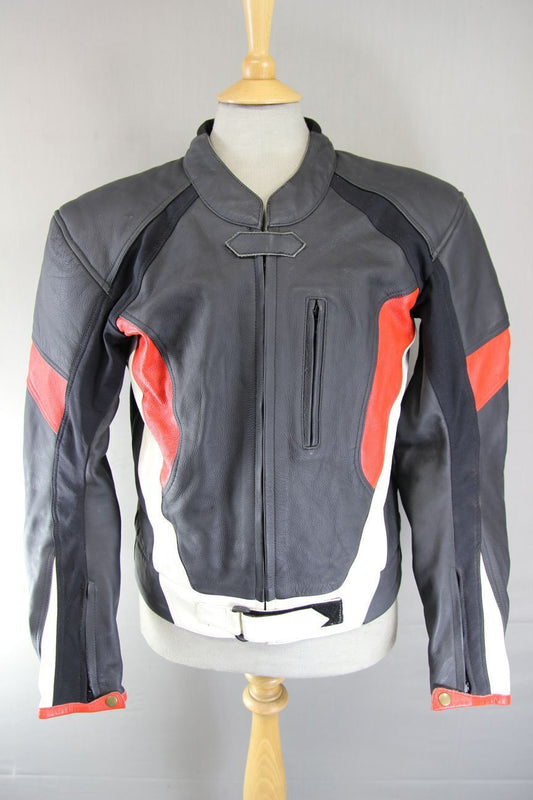 PLAYWELL BLACK, RED & WHITE LEATHER BIKER JACKET WITH REMOVABLE CE ARMOUR 40 IN