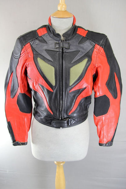 CLASSIC J&S BLACK, RED & SILVER LEATHER REFLECTIVE BIKER JACKET: SIZE 12