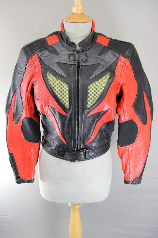CLASSIC J&S BLACK, RED & SILVER LEATHER REFLECTIVE BIKER JACKET: SIZE 12