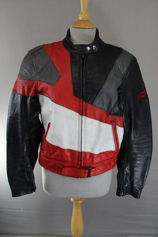 MQP BLACK, RED, WHITE & GREY LEATHER BIKER JACKET + BACK PROTECTOR: 42-44"/LARGE