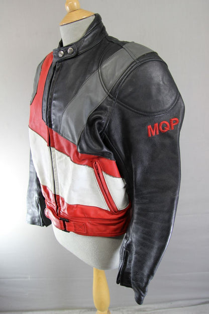 MQP BLACK, RED, WHITE & GREY LEATHER BIKER JACKET + BACK PROTECTOR: 42-44"/LARGE