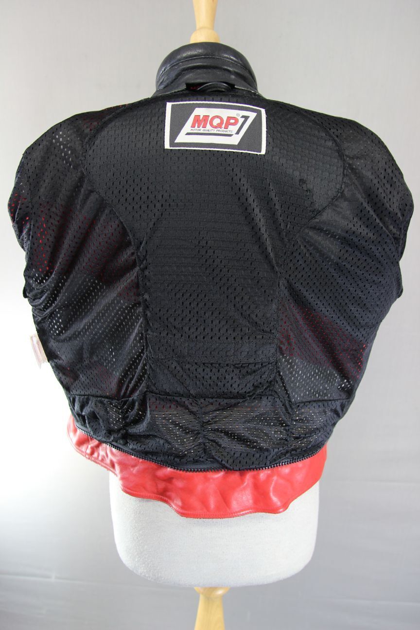 MQP BLACK, RED, WHITE & GREY LEATHER BIKER JACKET + BACK PROTECTOR: 42-44"/LARGE