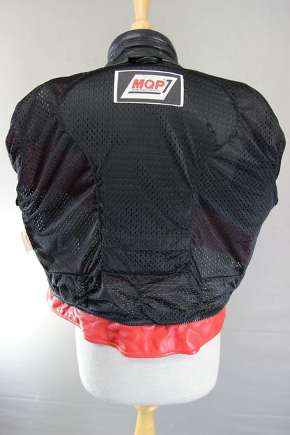 MQP BLACK, RED, WHITE & GREY LEATHER BIKER JACKET + BACK PROTECTOR: 42-44"/LARGE