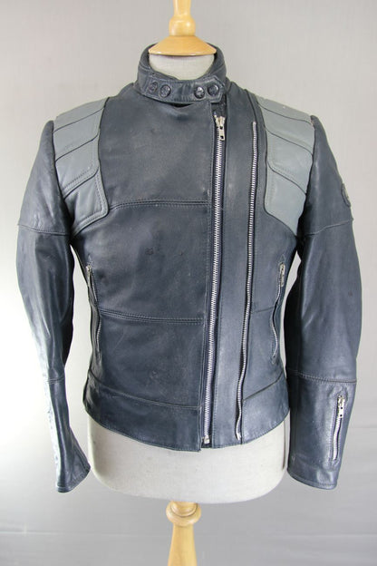 CLASSIC VINTAGE 1980's DARK & LIGHT GREY MQP LEATHER BIKER JACKET 34 INCH