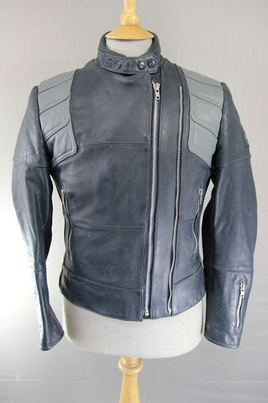 CLASSIC VINTAGE 1980's DARK & LIGHT GREY MQP LEATHER BIKER JACKET 34 INCH