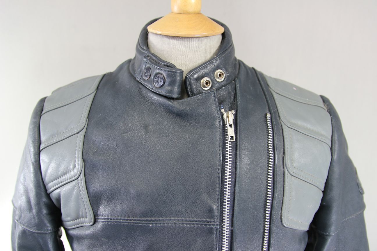 CLASSIC VINTAGE 1980's DARK & LIGHT GREY MQP LEATHER BIKER JACKET 34 INCH