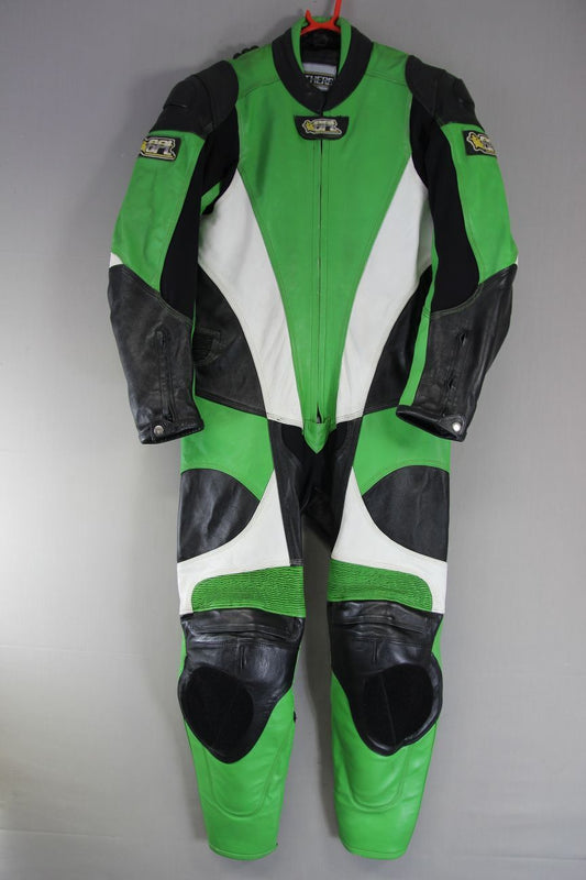 GPL 1 PIECE GREEN, BLACK & WHITE LEATHER BIKER SUIT + ARMOUR/THERMAL LINING 40IN