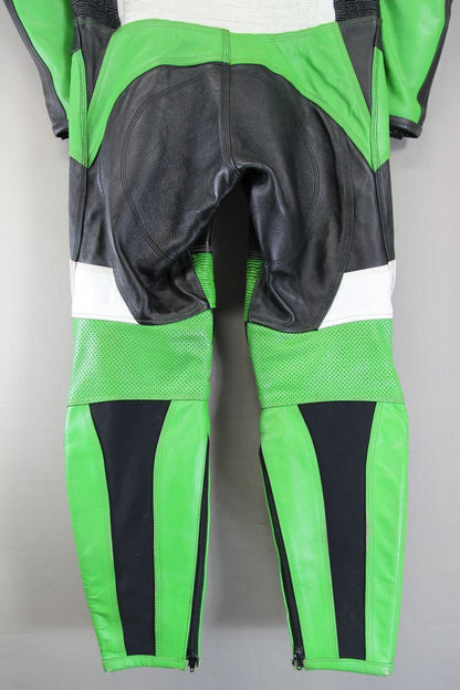 GPL 1 PIECE GREEN, BLACK & WHITE LEATHER BIKER SUIT + ARMOUR/THERMAL LINING 40IN