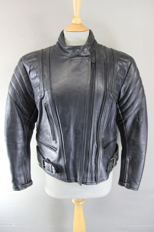 BUFFALO BLACK LEATHER BIKER JACKET WITH BACK PROTECTOR 34-36 INCH CHEST/SIZE 12