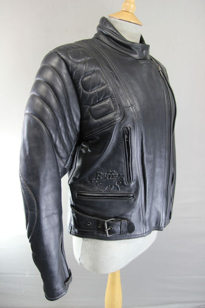 BUFFALO BLACK LEATHER BIKER JACKET WITH BACK PROTECTOR 34-36 INCH CHEST/SIZE 12