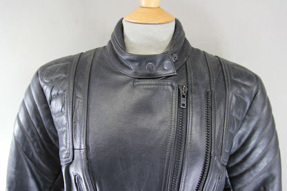 BUFFALO BLACK LEATHER BIKER JACKET WITH BACK PROTECTOR 34-36 INCH CHEST/SIZE 12
