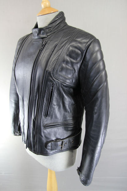 BUFFALO BLACK LEATHER BIKER JACKET WITH BACK PROTECTOR 34-36 INCH CHEST/SIZE 12