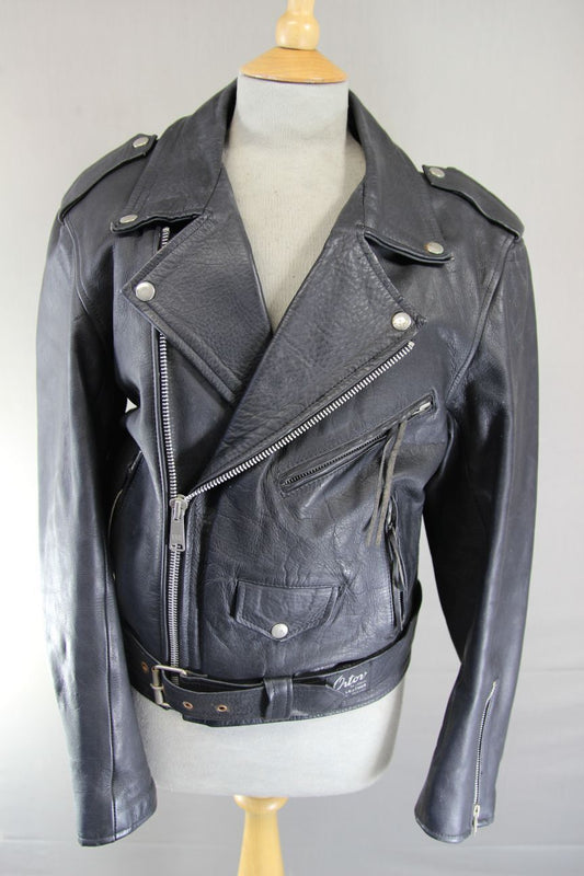 VNTG 70s ORTOV OF LONDON BRITISH MADE PUNK ROCK BLACK LEATHER BIKER JACKET 36 IN