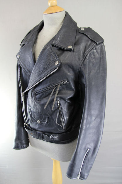 VNTG 70s ORTOV OF LONDON BRITISH MADE PUNK ROCK BLACK LEATHER BIKER JACKET 36 IN