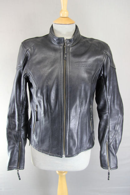 HALVARSSONS LADIES BLACK LEATHER BIKER JACKET WITH CE ARMOUR SIZE 10-12/MEDIUM