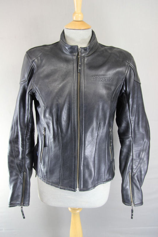 HALVARSSONS LADIES BLACK LEATHER BIKER JACKET WITH CE ARMOUR SIZE 10-12/MEDIUM