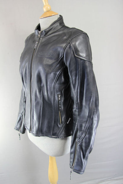 HALVARSSONS LADIES BLACK LEATHER BIKER JACKET WITH CE ARMOUR SIZE 10-12/MEDIUM