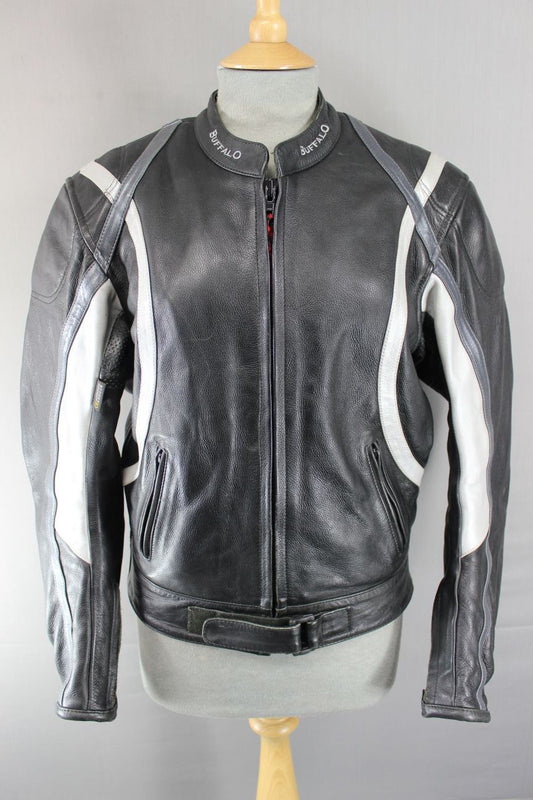 CLASSIC BUFFALO BLACK, SILVER & GREY LEATHER BIKER JACKET 38 INCH