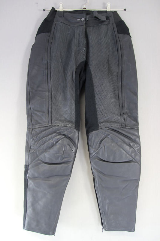 FRANK THOMAS BLACK LEATHER BIKER TROUSERS SIZE 12: WAIST 28 IN/INSIDE LEG 29 IN