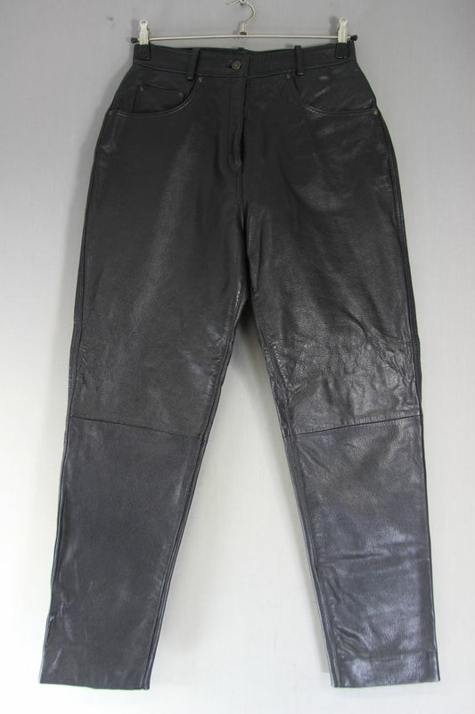 'CLASSIC WOMAN' BLACK LEATHER BIKER JEANS SIZE 16: WAIST 30 IN/INSIDE LEG 30 IN