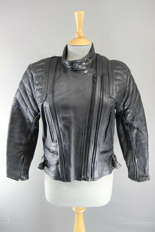 SPORTEX APOLLO BLACK LEATHER BIKER JACKET WITH REMOVABLE BACK PROTECTOR: SIZE 12