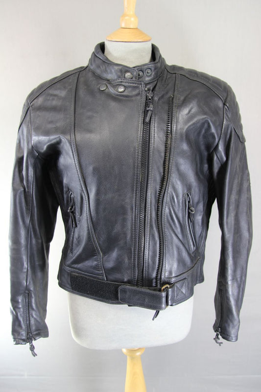 FRANK THOMAS BLACK LEATHER BIKER JACKET WITH PROTECTORS 38-40 INCH CHEST/SIZE 16