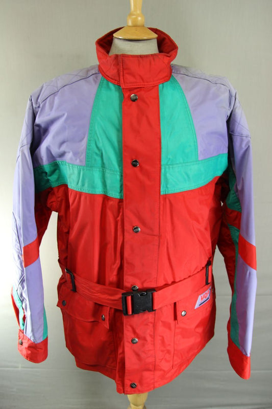 VINTAGE MQP RED, LILAC & GREEN TEXTILE BIKER JACKET WITH THERMAL LINING 46 IN/XL