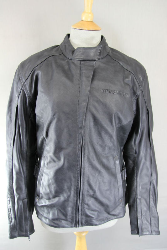 HEIN GERICKE BLACK LEATHER BIKER JACKET WITH CE ARMOUR & THERMAL LINING: SIZE 16