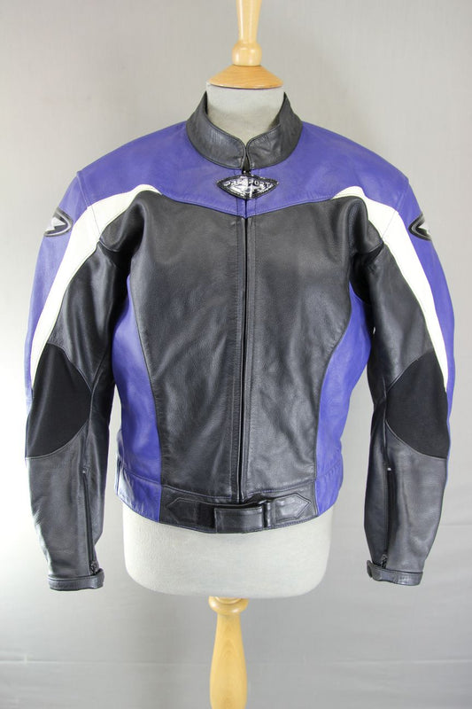 BLACK, BLUE & WHITE PREXPORT LEATHER BIKER JACKET WITH REMOVABLE CE ARMOUR 38 IN