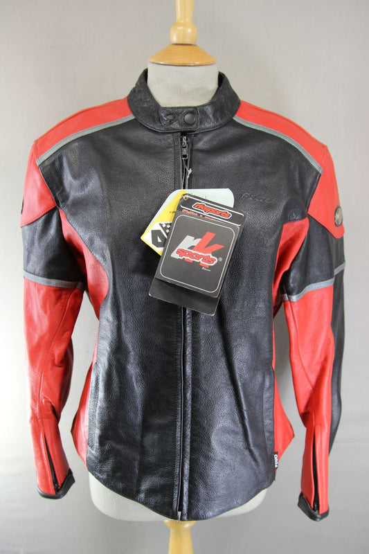 *UNWORN* FIGO KATRINA BLACK & RED LEATHER BIKER JACKET WITH CE ARMOUR: 40 IN/3XL