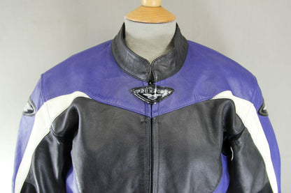 BLACK, BLUE & WHITE PREXPORT LEATHER BIKER JACKET WITH REMOVABLE CE ARMOUR 38 IN