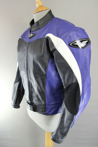 BLACK, BLUE & WHITE PREXPORT LEATHER BIKER JACKET WITH REMOVABLE CE ARMOUR 38 IN