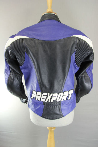 BLACK, BLUE & WHITE PREXPORT LEATHER BIKER JACKET WITH REMOVABLE CE ARMOUR 38 IN