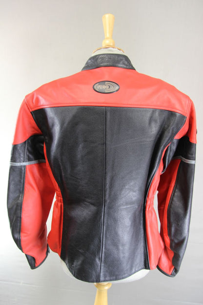 *UNWORN* FIGO KATRINA BLACK & RED LEATHER BIKER JACKET WITH CE ARMOUR: 40 IN/3XL