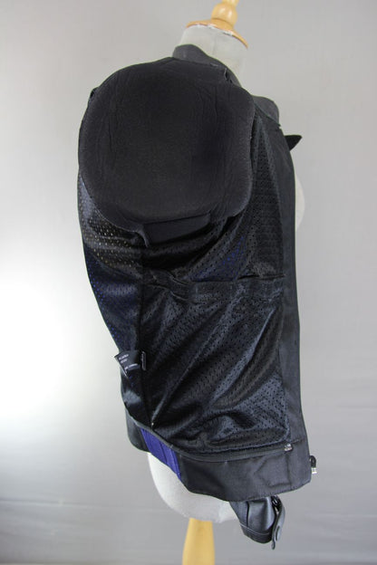 BLACK, BLUE & WHITE PREXPORT LEATHER BIKER JACKET WITH REMOVABLE CE ARMOUR 38 IN