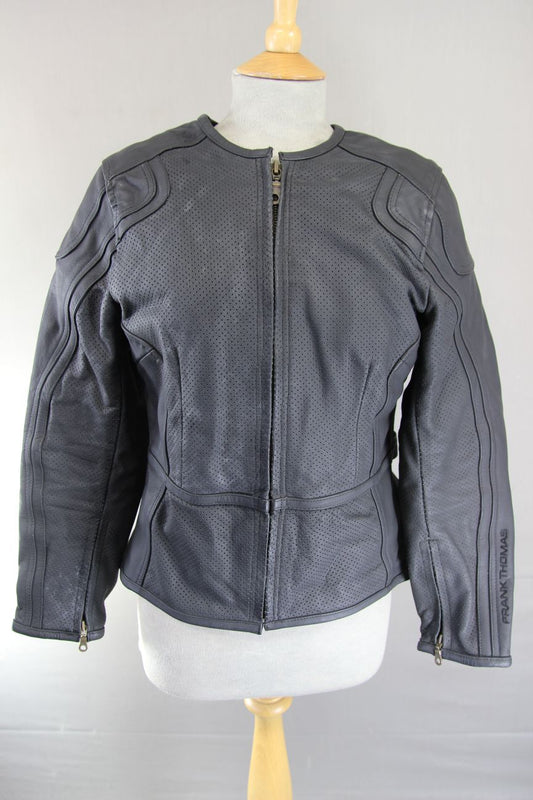 FRANK THOMAS LADY RIDER BLACK LEATHER BIKER JCKT + ARMOUR/THERMAL LINING SIZE 12