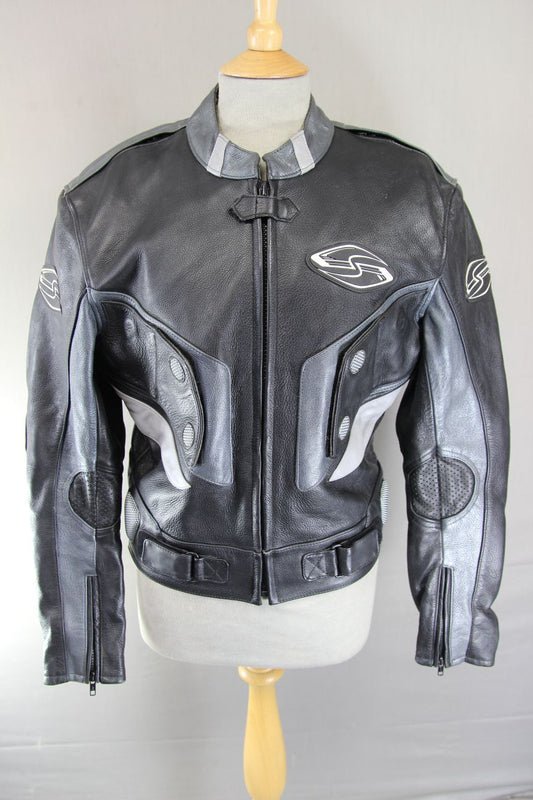 SRS BLACK, SILVER & GREY LEATHER BIKER JACKET WITH REMOVABLE PROTECTORS 38-40"/M
