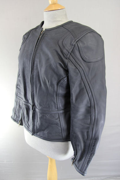 FRANK THOMAS LADY RIDER BLACK LEATHER BIKER JCKT + ARMOUR/THERMAL LINING SIZE 12