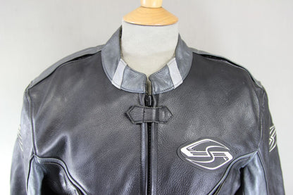 SRS BLACK, SILVER & GREY LEATHER BIKER JACKET WITH REMOVABLE PROTECTORS 38-40"/M