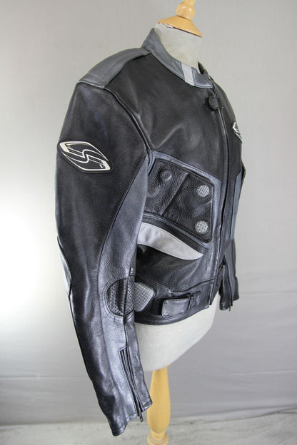 SRS BLACK, SILVER & GREY LEATHER BIKER JACKET WITH REMOVABLE PROTECTORS 38-40"/M