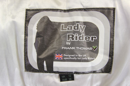 FRANK THOMAS LADY RIDER BLACK LEATHER BIKER JCKT + ARMOUR/THERMAL LINING SIZE 12