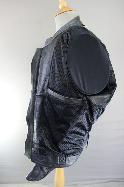 SRS BLACK, SILVER & GREY LEATHER BIKER JACKET WITH REMOVABLE PROTECTORS 38-40"/M