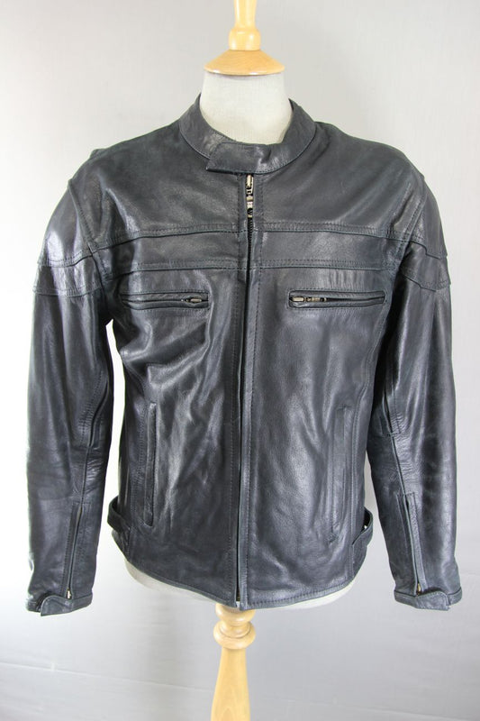 BLACK LEATHER BIKER JACKET + REMOVABLE BACK, SHOULDER & ELBOW CE ARMOUR 38IN/MED