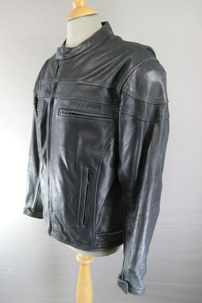 BLACK LEATHER BIKER JACKET + REMOVABLE BACK, SHOULDER & ELBOW CE ARMOUR 38IN/MED