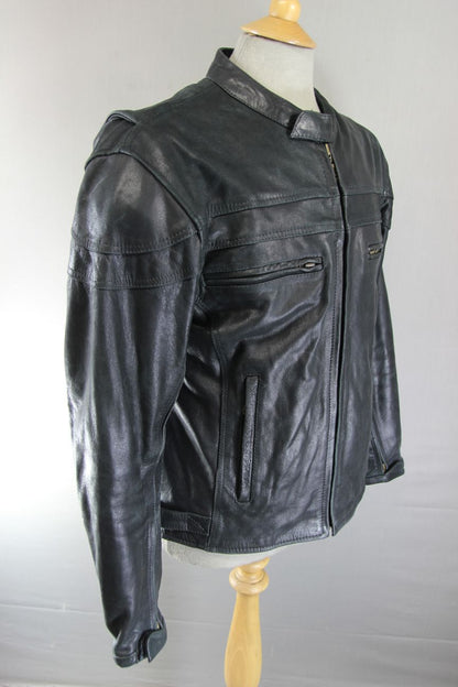 BLACK LEATHER BIKER JACKET + REMOVABLE BACK, SHOULDER & ELBOW CE ARMOUR 38IN/MED
